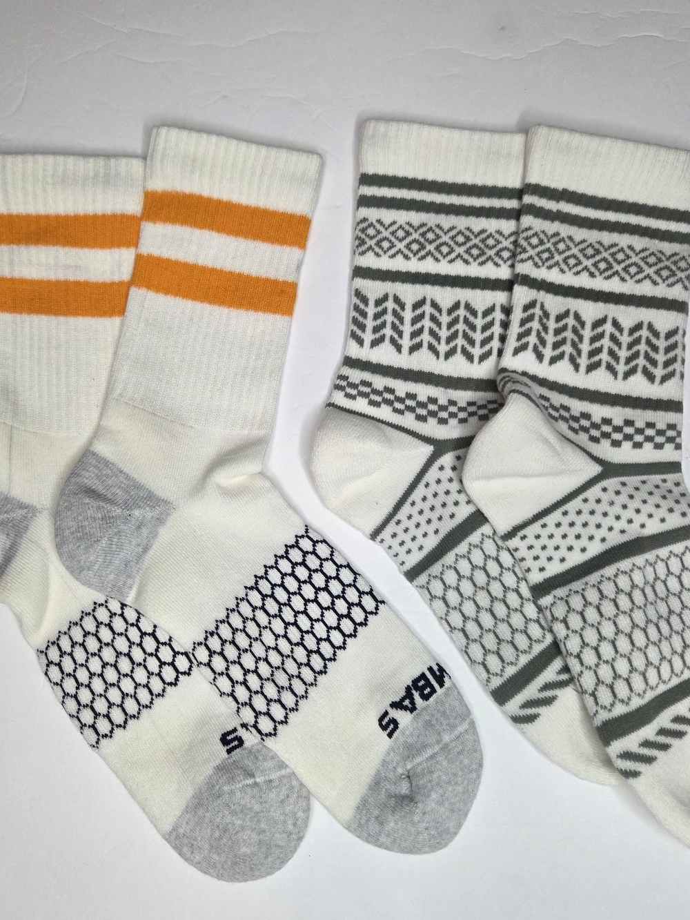 Womens White Crew Bomba Socks with Orange Stripes & Gray Pattern